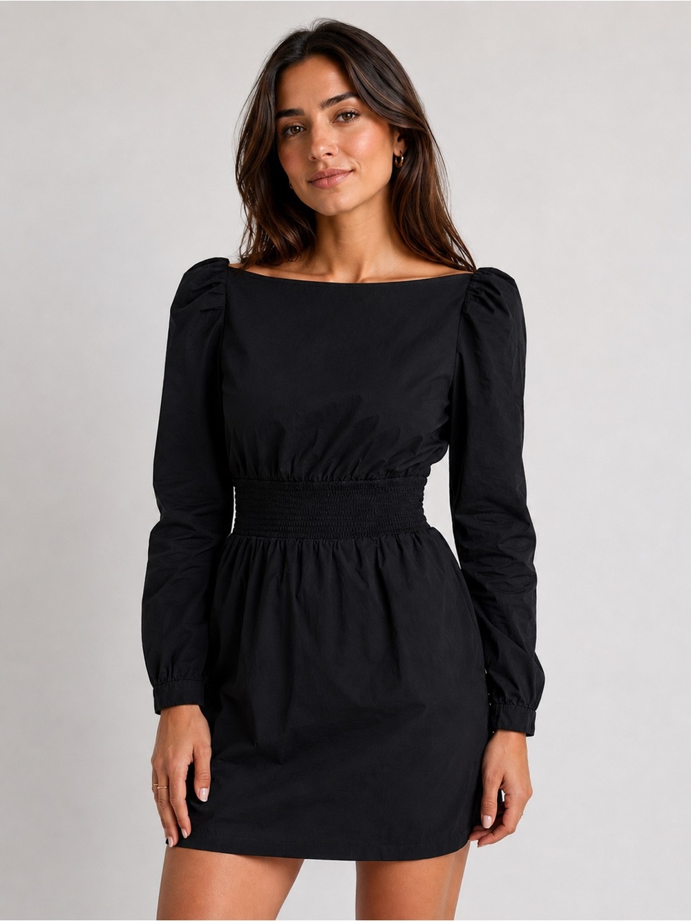 FRAME black mini dress with long puff sleeves and boat neckline size xs